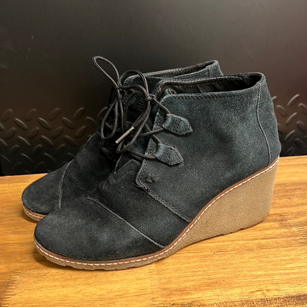 TOMS black suede ankle wedge boots